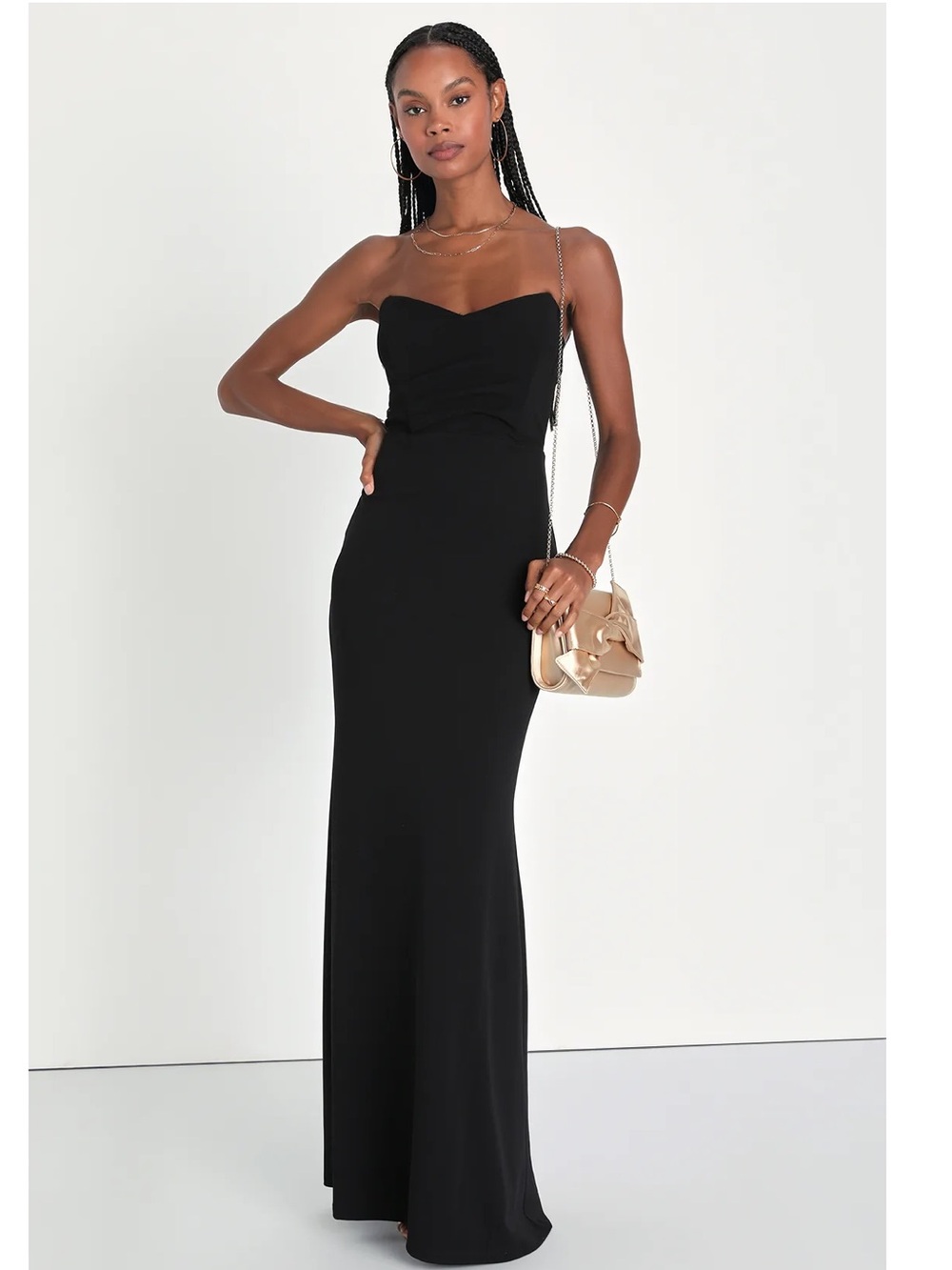 Lulus Iconic Arrival Black Strapless Bustier Crepe Knit Mermaid Maxi Dress Event